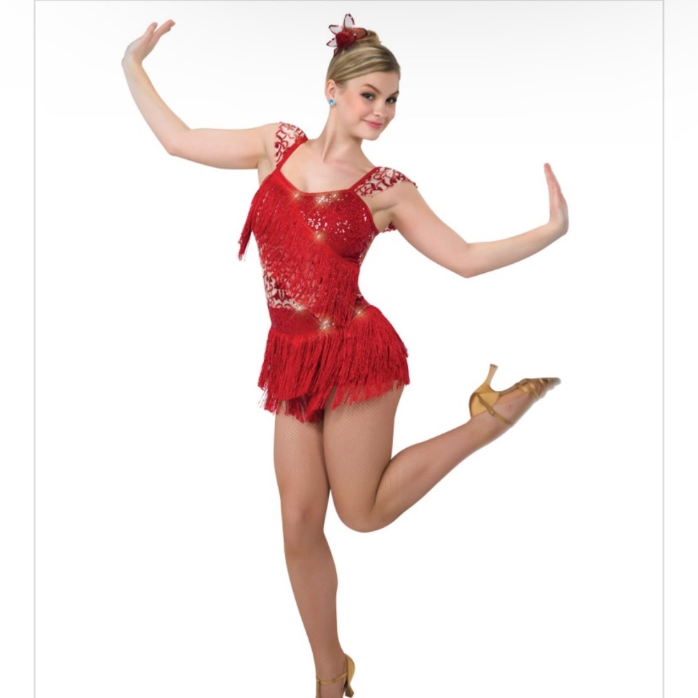 Girls' Red Sequin Fringe Dance Costume with Cap Sleeves